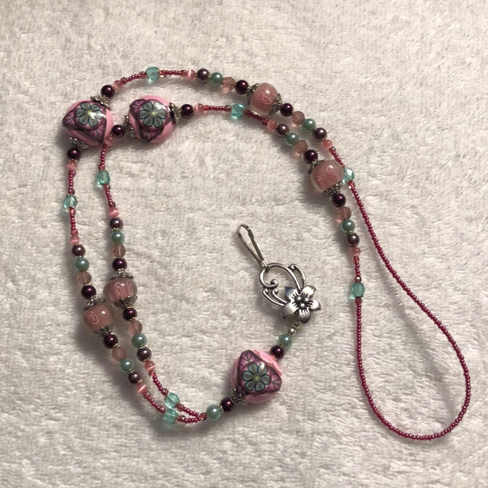 Beaded lanyard pink purple and turquoise